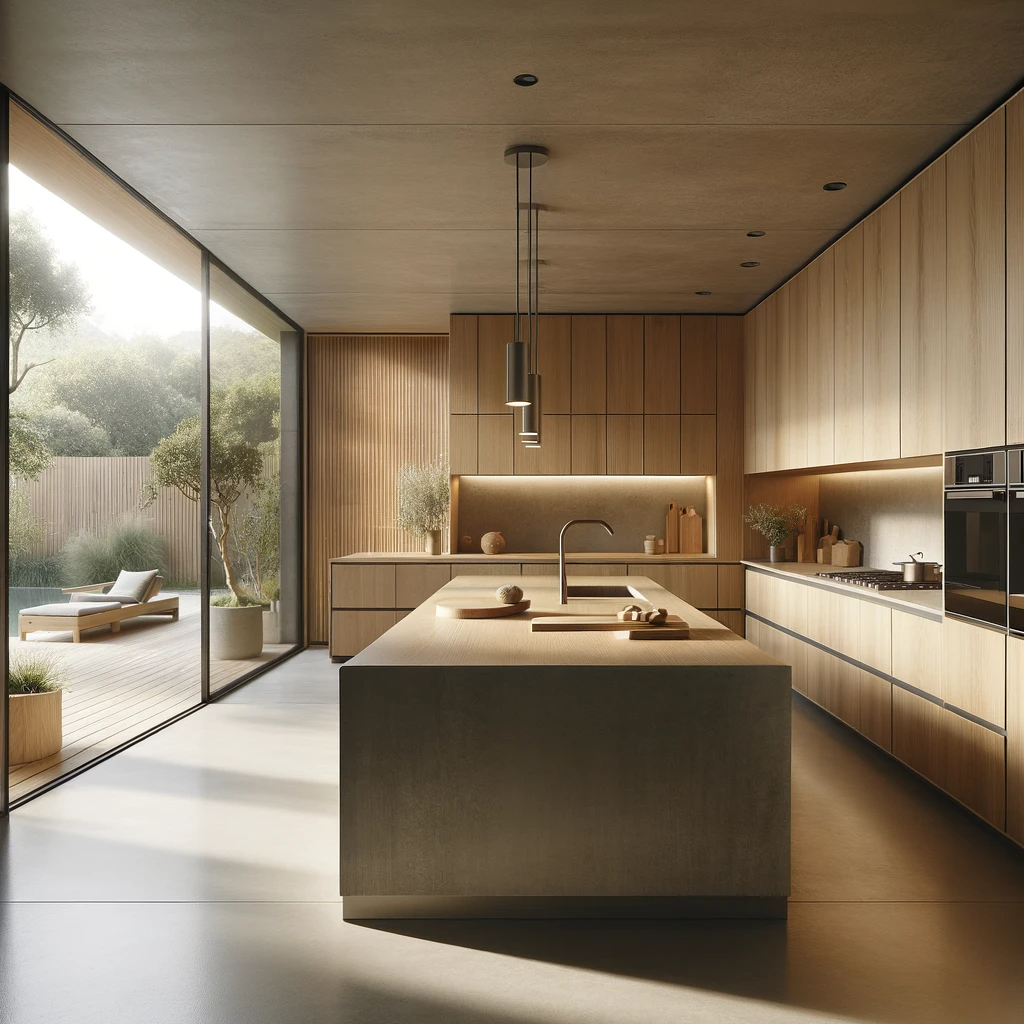 DALL·E 2023-11-03 21.17.44 - Photo of a sleek kitchen with a focus on natural materials, embodying a minimalist aesthetic with a warm tone. The cabinetry is made of light oak wood